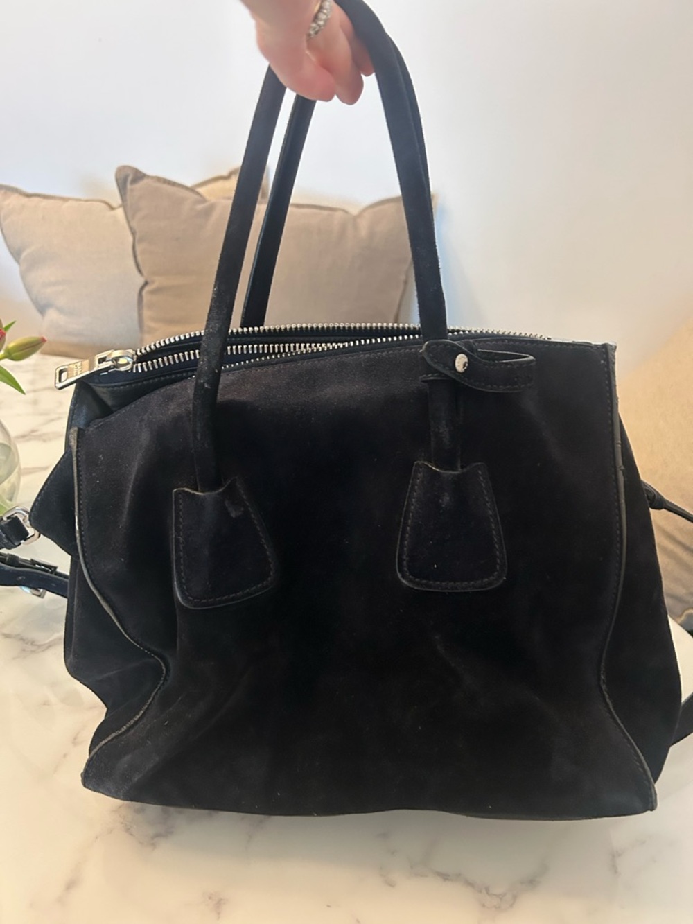Prada Black Suede Satchel with Top Handles - Picture 3 of 6